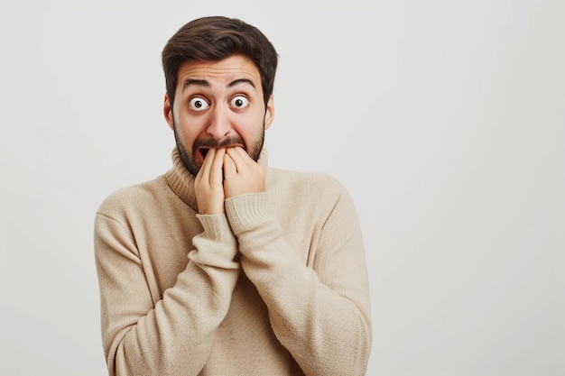 Nervous man and biting nails in studio with oops reaction to gossip on white background Mistake sorry fake news drama or secret with regret shame or awkward