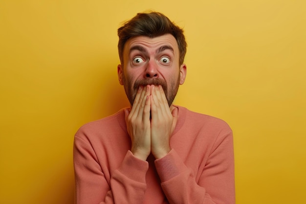 Nervous man and biting nails in studio with oops reaction to gossip on yellow background Mistake sorry fake news drama or secret with regret shame or awkward