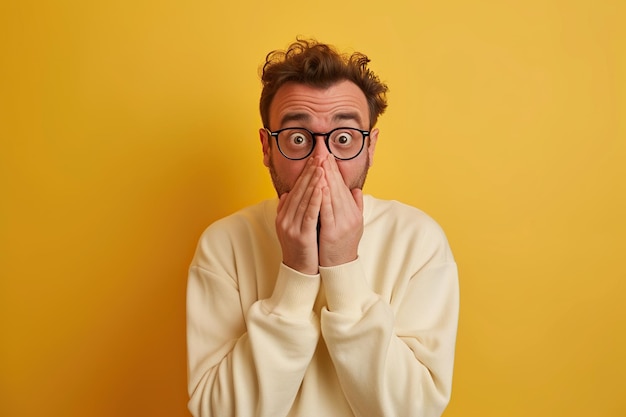 Nervous man and biting nails in studio with oops reaction to gossip on yellow background Mistake sorry fake news drama or secret with regret shame or awkward