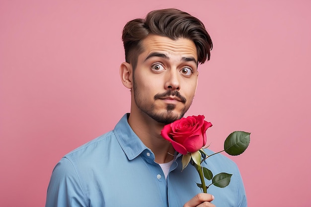 Nervous man waiting for his date on Valentines day holding red rose and looking confused sideways