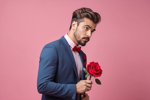 Nervous man waiting for his date on Valentines day holding red rose and looking confused sideways