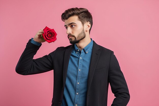 Nervous man waiting for his date on Valentines day holding red rose and looking confused sideways