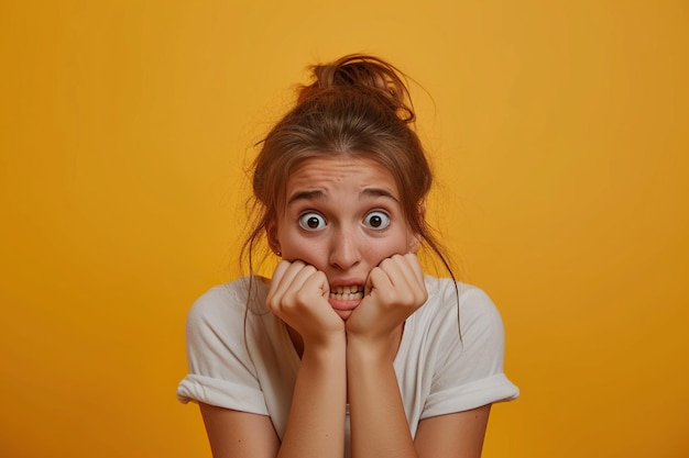 Photo nervous school girl in studio with oops reaction to gossip on yellow background mistake sorry drama or secret with regret shame or awkward