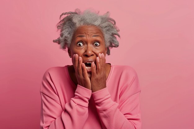 Nervous senior African American woman in studio with oops reaction on pink background Mistake sorry drama or secret with regret shame or awkward