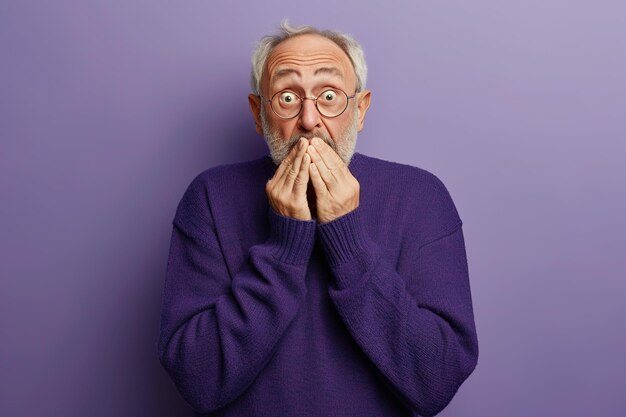 Photo nervous senior man in studio with oops reaction on purple background mistake sorry drama or secret with regret shame or awkward