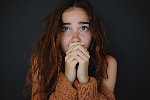 Foto ragazza adolescente nervosa in studio con oops reazione su sfondo nero errore scusa dramma o segreto con rammarico vergogna o imbarazzo