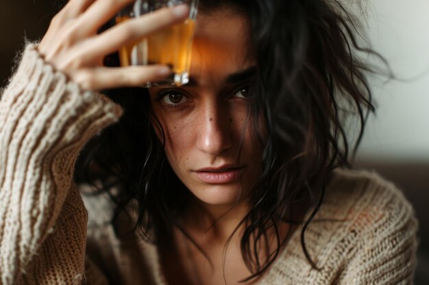 Photo nervous woman clutching cocktail glass with trembling hands