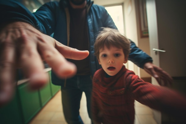 Nervous youngster running away from furious dad Protection and law of violence against children