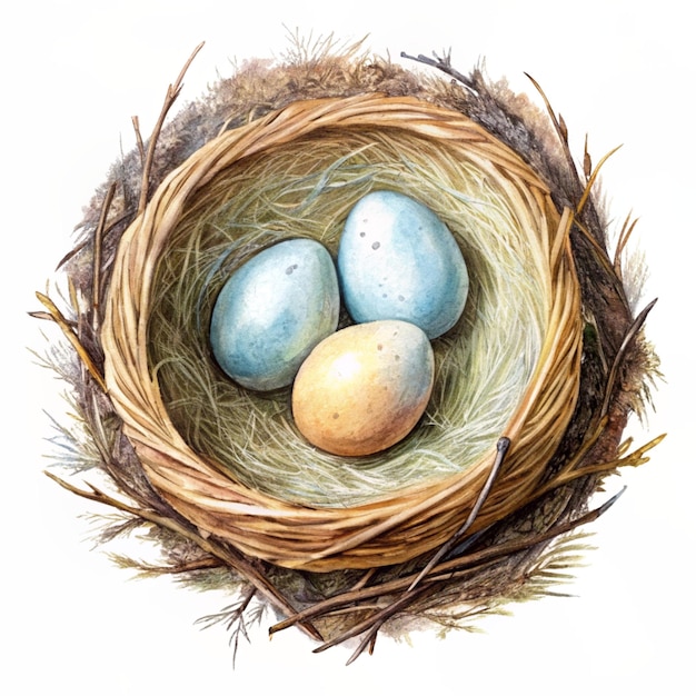 nest and bird eggs in it on a white background