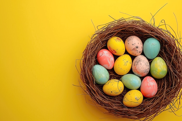 Nest of colorful easter eggs on a yellow background