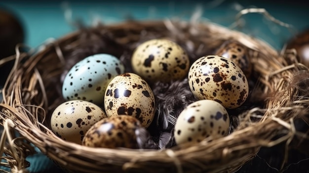 A nest of colorful quail eggs with a brown speckled pattern.