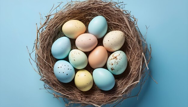 A nest of Easter eggs with a blue background