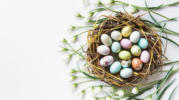 a nest of easter eggs with a bunch of flowers in the middle