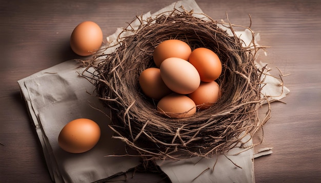 a nest of eggs has a brown egg in it