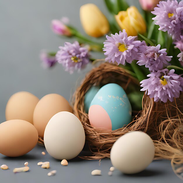 a nest of eggs with a purple egg in the middle