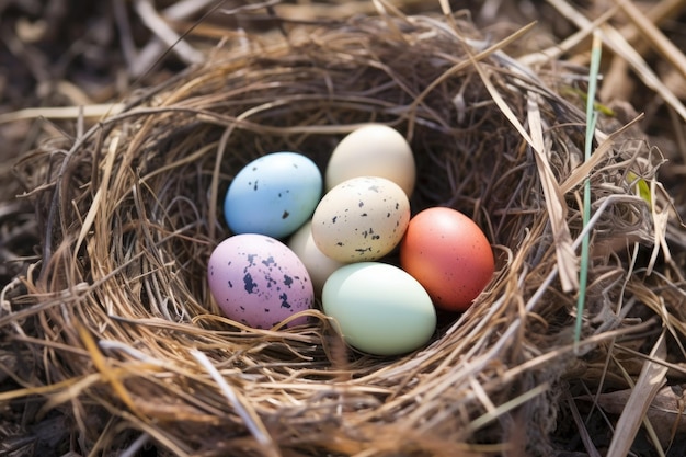 Nest filled with colorful bird eggs