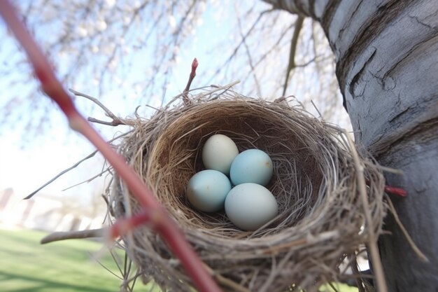 A nest filled with robins eggs in a tree