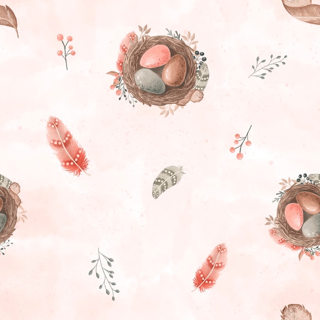 Nest met eieren Naadloze patroon op roze aquarel achtergrond met nest en ei veren takken