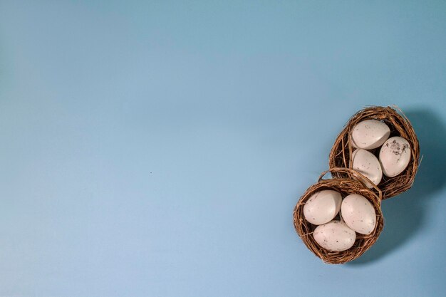 Nest met eieren op een blauwe achtergrond Vrolijke paaseieren Achtergrond met paaseieren