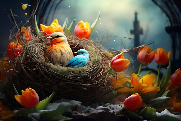 Nest near tulips