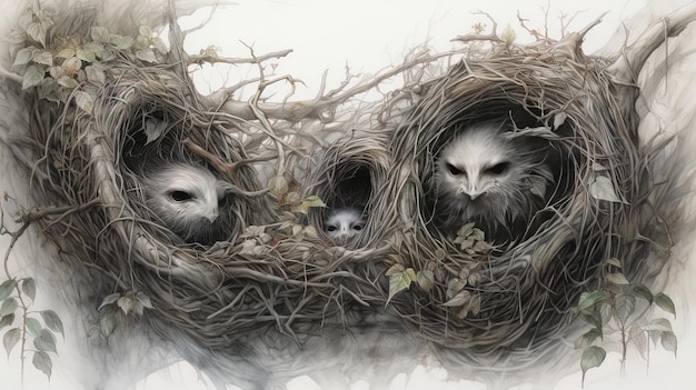 a nest of owls with a baby in it