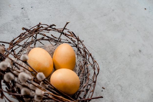 Un nido e diverse uova con bastoncini di salice. priorità bassa di pietra grigia astratta, concetto felice di pasqua