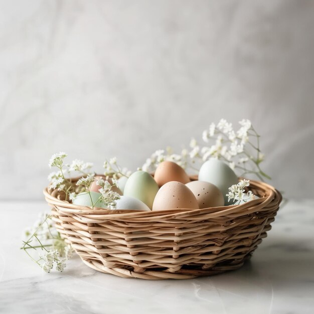 Nest of soft colored speckled Easter eggs lies among delicate blossoms and feathers