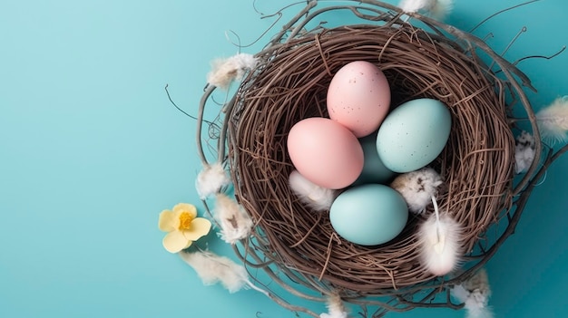 A nest with blue and pink eggs and a yellow flower on a blue background