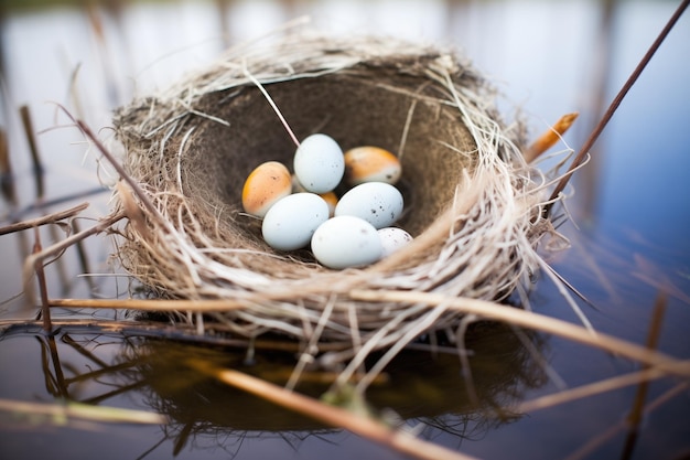 Photo nest with duck eggs adjacent to pond reeds