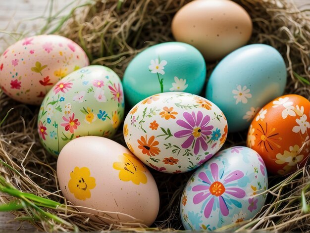 a nest with eggs and flowers painted on them on a table top