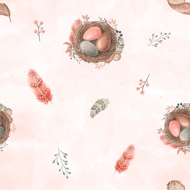 Nest with eggs Seamless pattern on pink watercolor background with nest and egg feathers branches