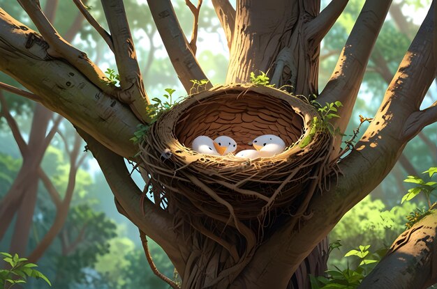 Photo a nest with eggs on a tree in the jungle animated nest