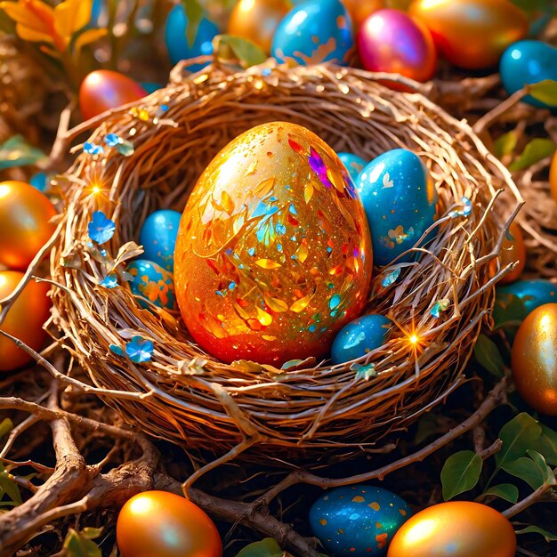 A nest with a golden egg and flowers in the background