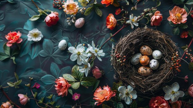 Nest with Speckled Eggs Amidst Spring Flowers