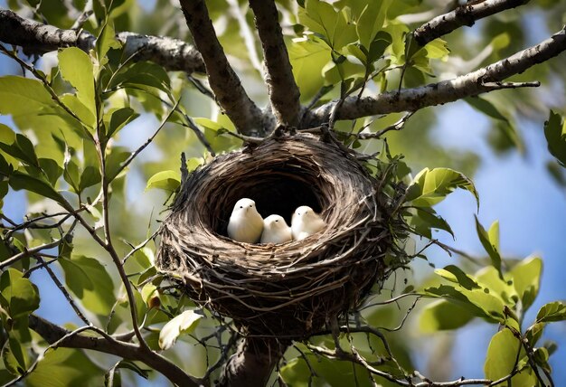 a nest with three baby birds in it