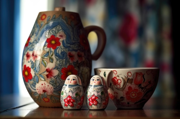 Nesting dolls in a cozy home setting with a cup of tea created with generative ai