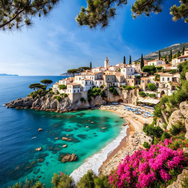 Photo nestled along a rocky seashore there lies a quaint greek seaside village that epitomizes picturesqu