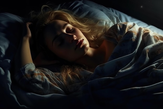 Photo nestled in her bed a woman peacefully slumbers a serene expression gracing her face the softness of her sleep captures the essence of tranquility and rest generative ai