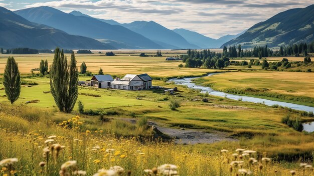 Nestled in a serene valley a tranquil river meanders through a landscape of rolling hills and blooming meadows the generative ai