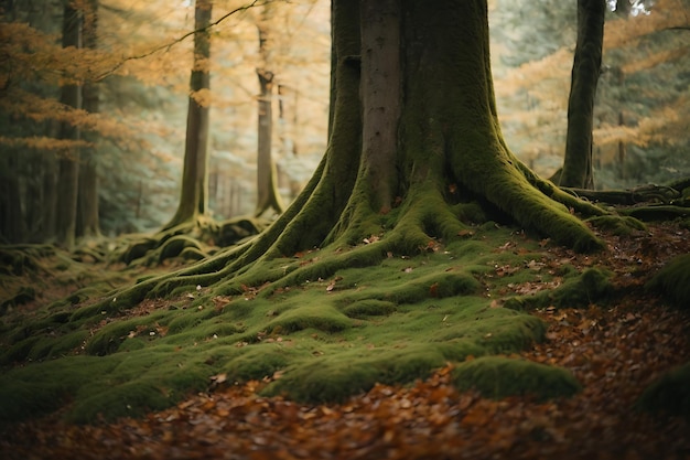 Nestled in an untouched ancient forest with towering trees covered in moss and fallen leaves