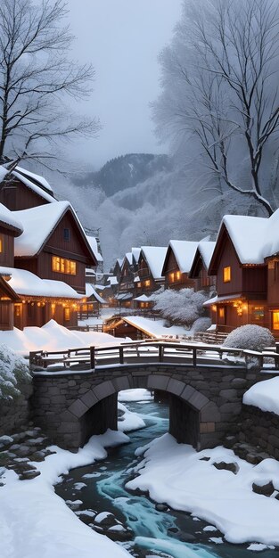 Foto incastrato nell'inverno abbraccia un villaggio nella valle