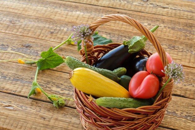 Net tomaten, komkommers, een aubergine en een pompoen geplukt in de rieten mand op oude houten planken