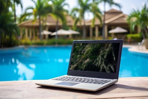 Netbook near to swimming pool