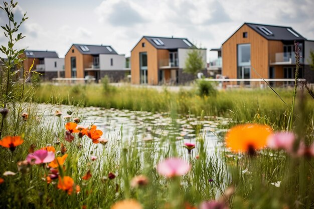 Netherlands ecohomes with solar panels among a field of poppy flowers