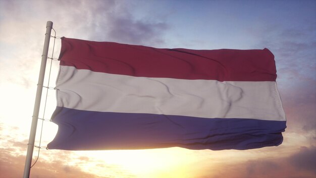 Photo netherlands flag waving in the wind sky and sun background 3d illustration