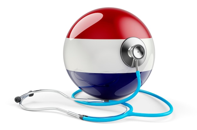 The Netherlands flag with stethoscope Health care in Holland concept 3D rendering