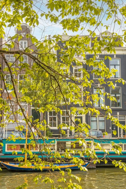 Netherlands Summer day on a canal in the center of Amsterdam Green foliage almost hides a parked houseboat and boat