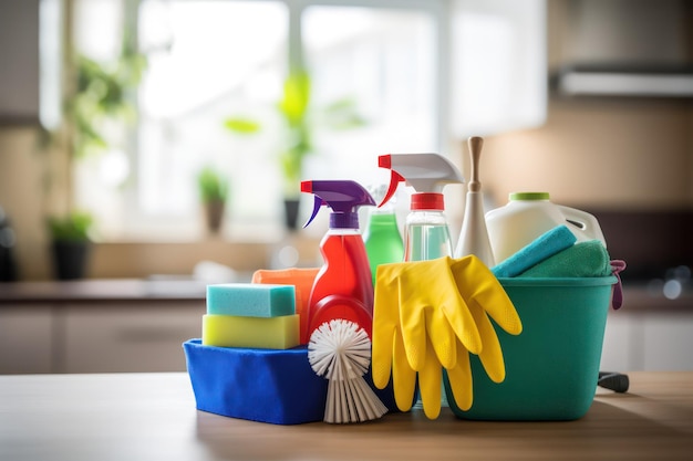 Netjes gerangschikt schoonmaakgereedschap en -apparatuur op een houten tafel Huishoudelijke taken en opruimconcept