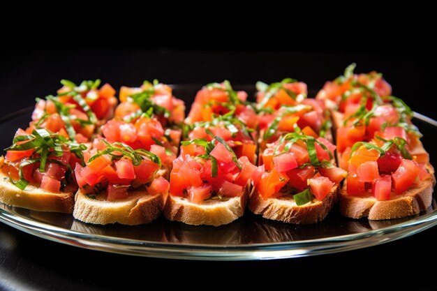 Netjes gerangschikte bruschetta op een glasplaat met rijke kleuren