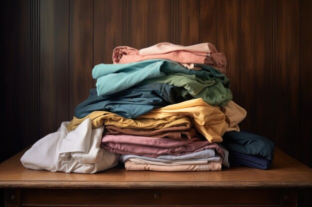 Netjes gevouwen kleren op een houten tafel